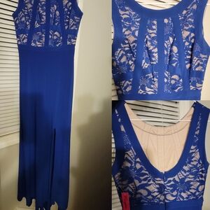 Blue and tan junior gown with a front Slit